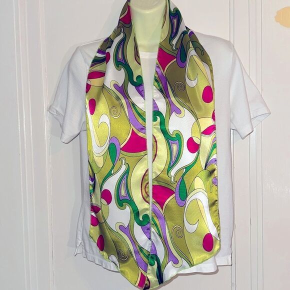 Vintage retro look green, purple, pink & white swirl print long polyester scarf - Picture 1 of 6
